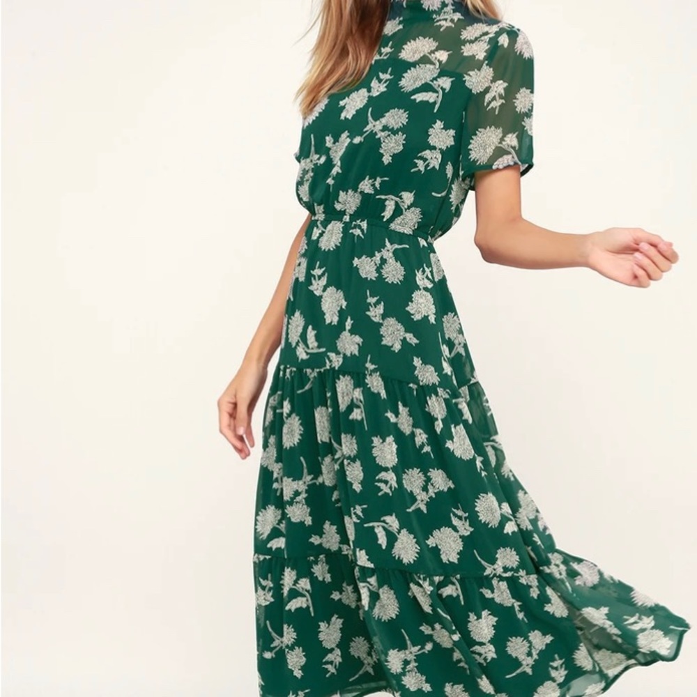Floral Dressed Up Dark Green Midi Dress from Lulus